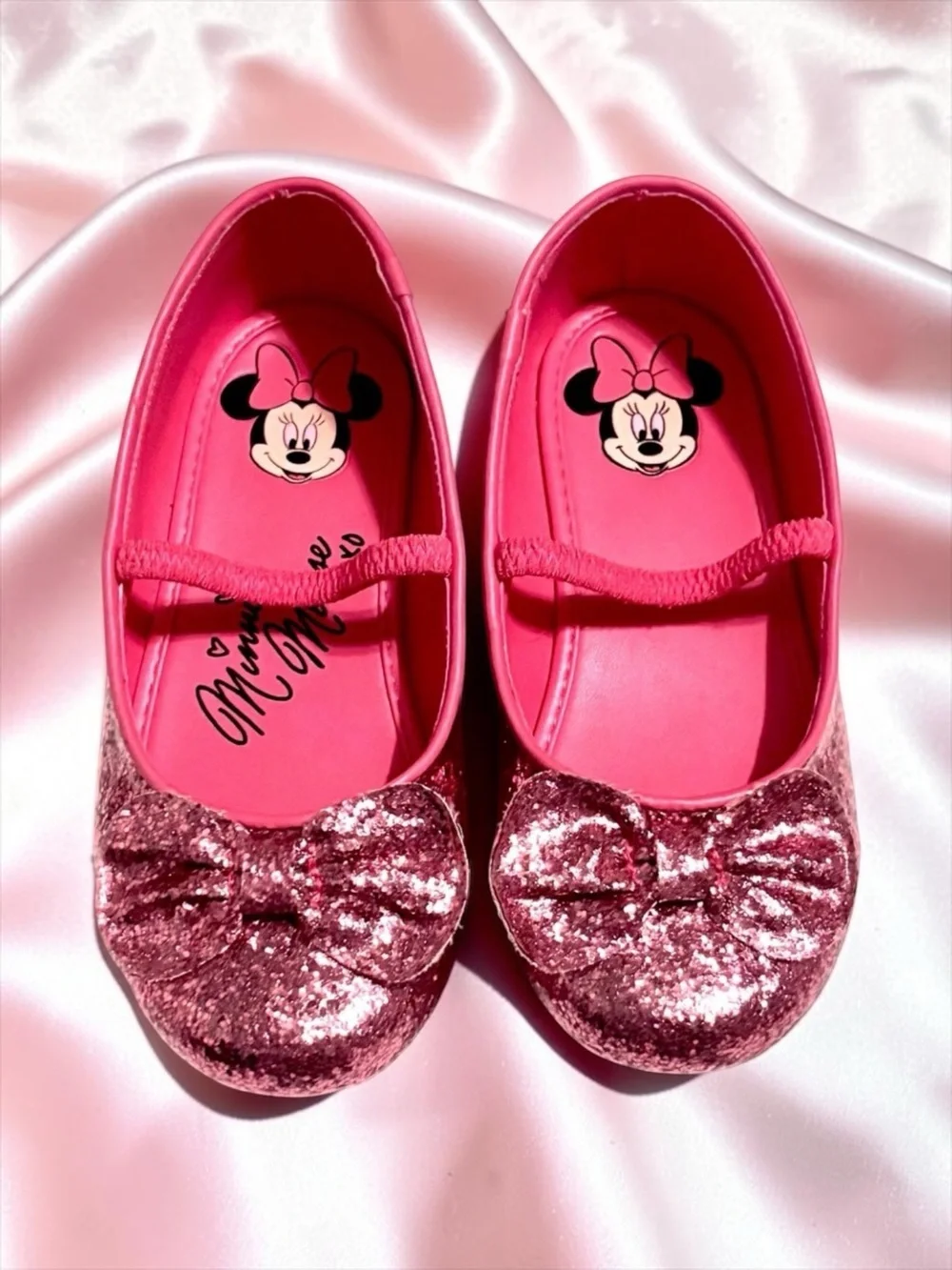 Disney Minnie Mouse Bow Flats Pink Smooth‑Glitter Little Kid Size 13 EUC 🎀